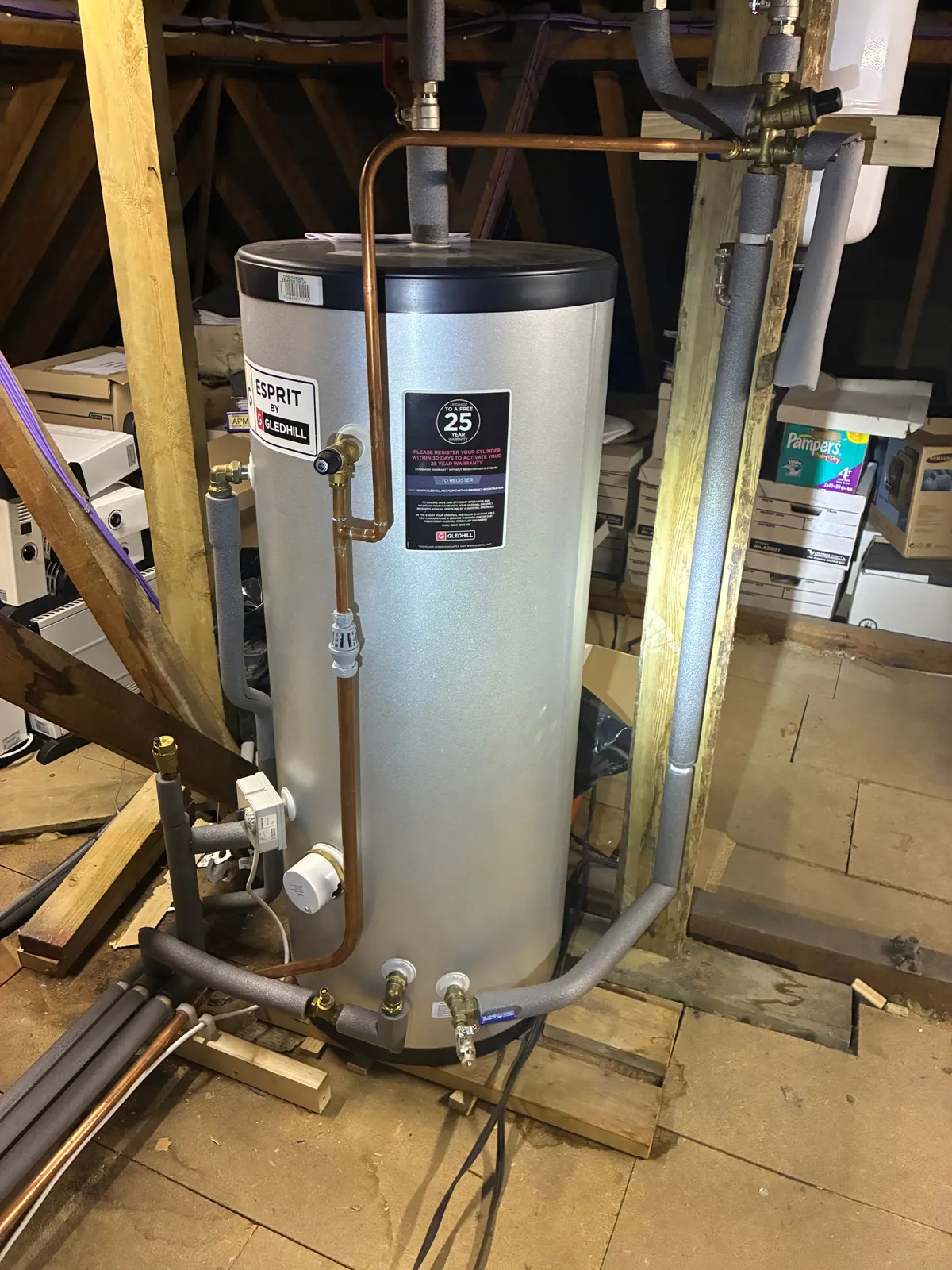 New Gledhill unvented hot water cylinder installed in the loft at Nork GP Surgery in Banstead